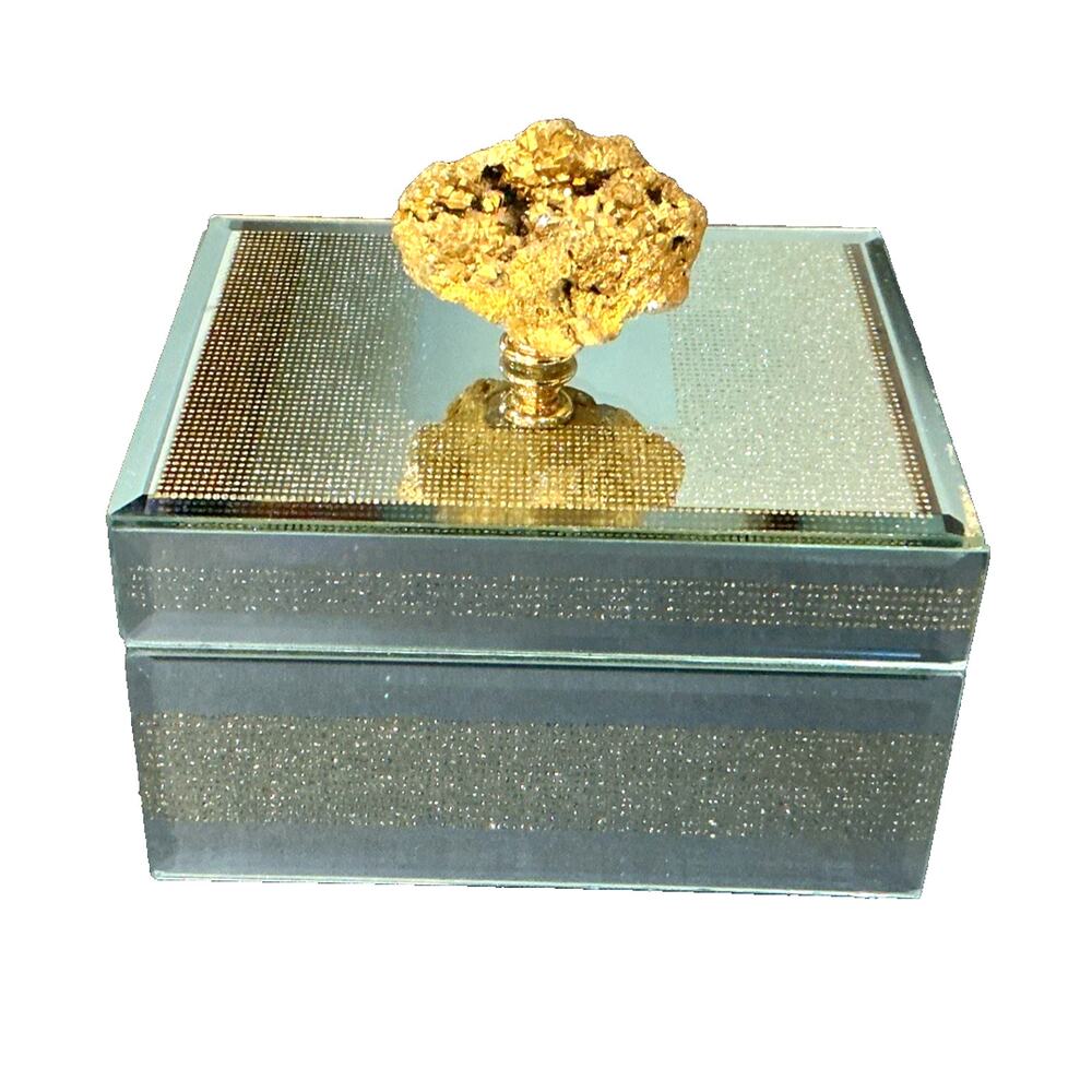 Mirrored Glass Trinket Box Glitter Dot Panels Geode Stone Finial Vanity Decor